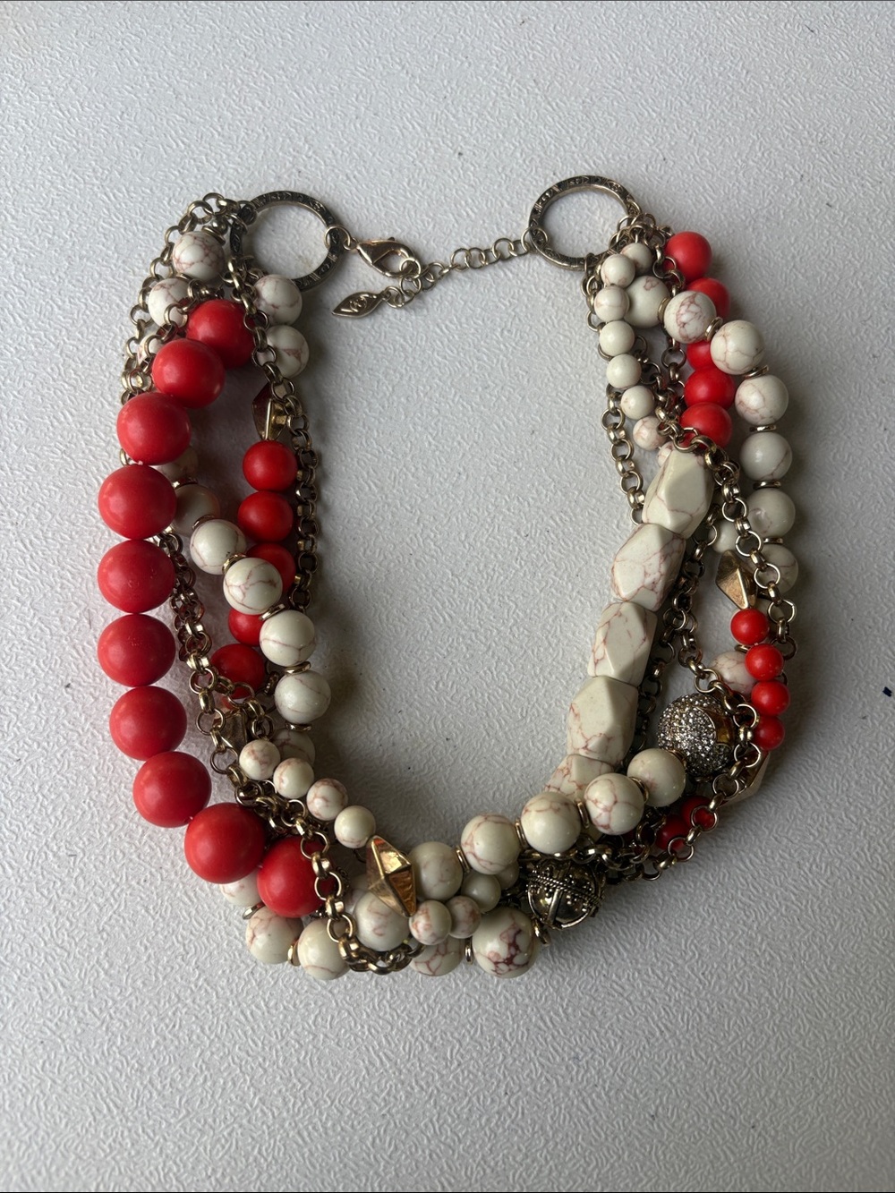 Multi-Strand Red and White Beaded Statement Necklace